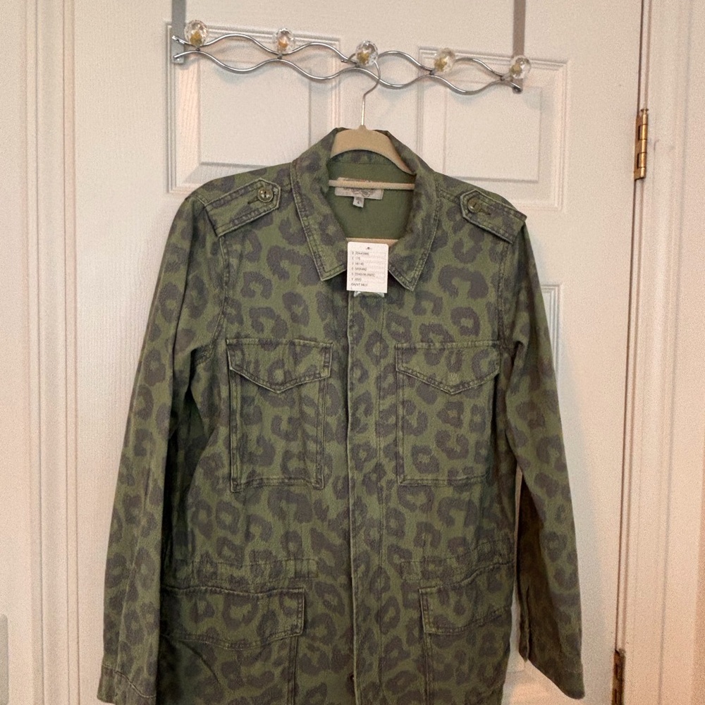 NWT Ecote Camouflage Animal Print Olive Green and Gray Long Jean Jacket